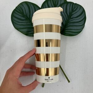 Kate Spade New York Cream Gold Stripe 20 oz Coffee Tea Travel Cup Mug With Lid